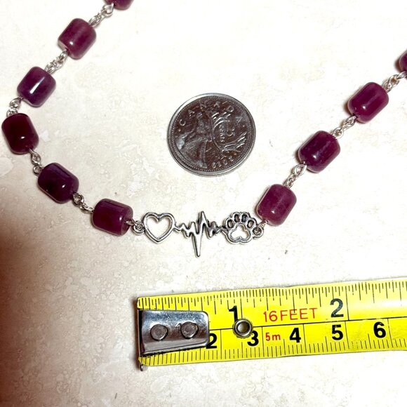 Genuine Magenta Chalcedony Short Necklace, Gemstone & Paw Print Heart Beat Charm - Picture 13 of 14